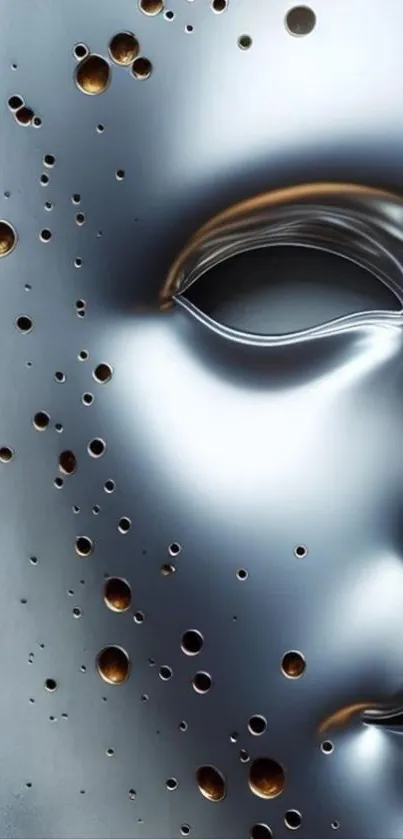 Futuristic silver metal mask with intricate design.