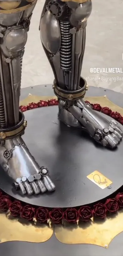 Close-up of futuristic metal statue with intricate details and metallic texture.