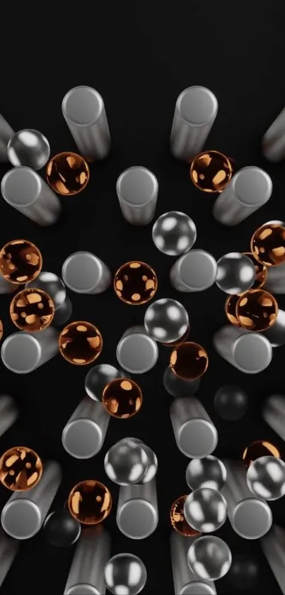 3D metallic abstract wallpaper with silver and copper cylinders on a dark background.