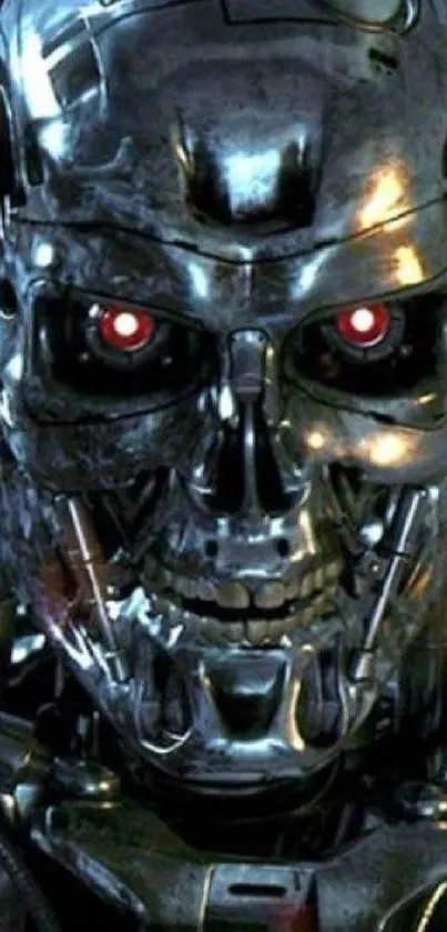 Futuristic metallic android face with red glowing eyes on a dark background.