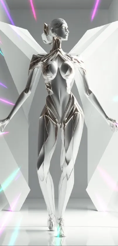 Futuristic metallic android in a white geometric room design.