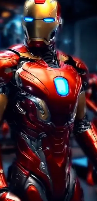 Futuristic metallic armor with glowing accents in a sci-fi theme.