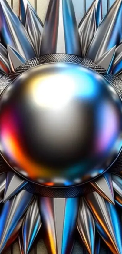 Futuristic metallic sphere with vibrant prismatic spikes.