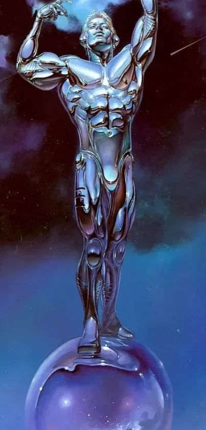 Futuristic metallic figure in space-themed wallpaper.