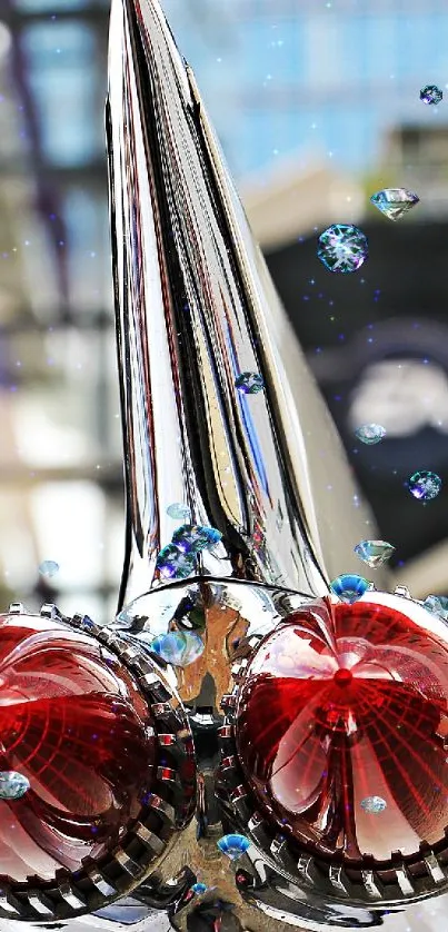 Futuristic chrome sculpture with vibrant red highlights in an urban setting.