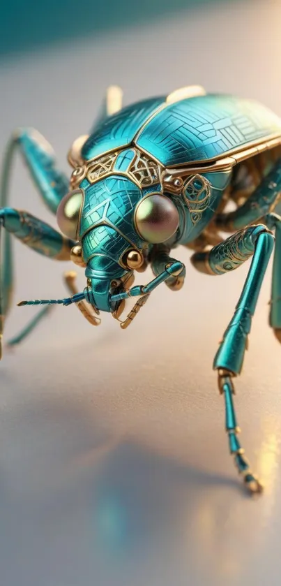 Futuristic metallic beetle with blue and gold details.