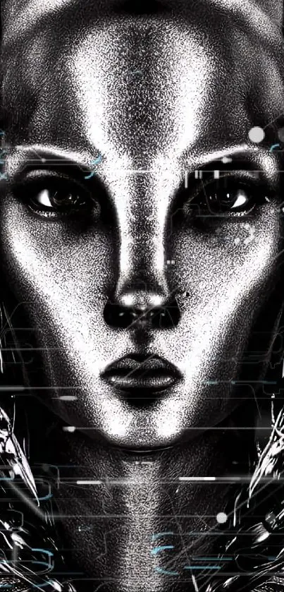 Futuristic metallic face with intricate details and monochrome style.