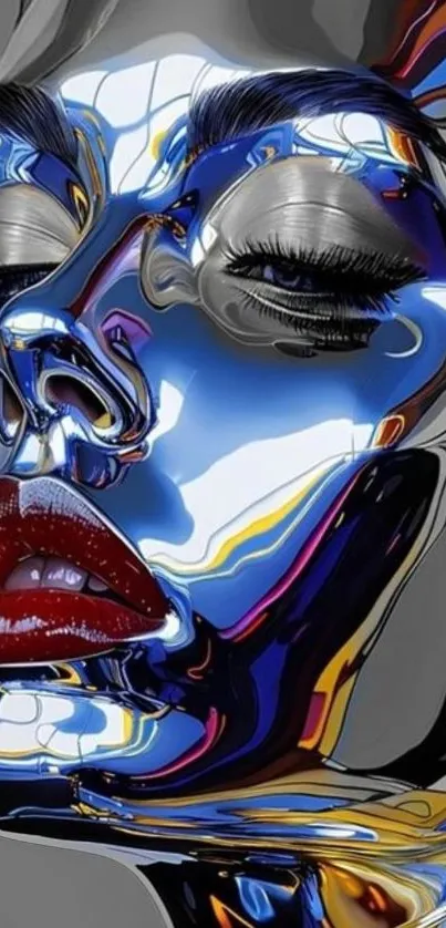 Futuristic metallic face art with chrome reflections.