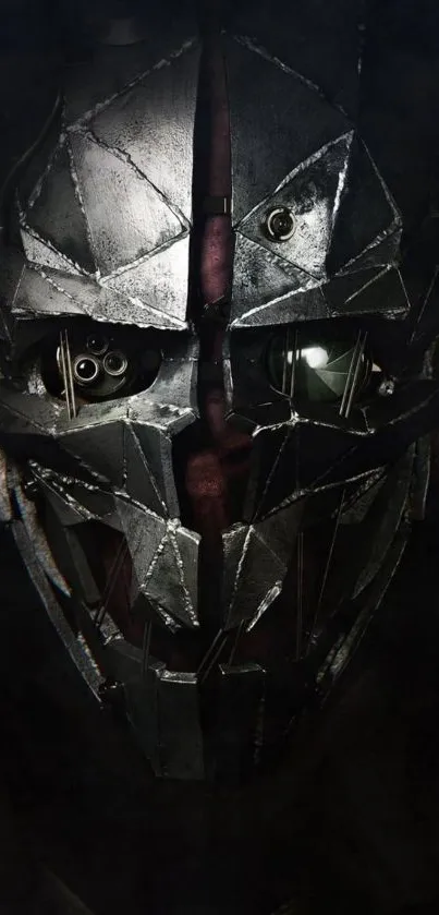 Futuristic metallic mask on dark background.