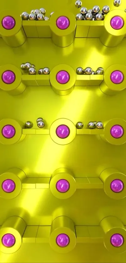 Futuristic metallic design with vivid yellow cylinders and purple accents.