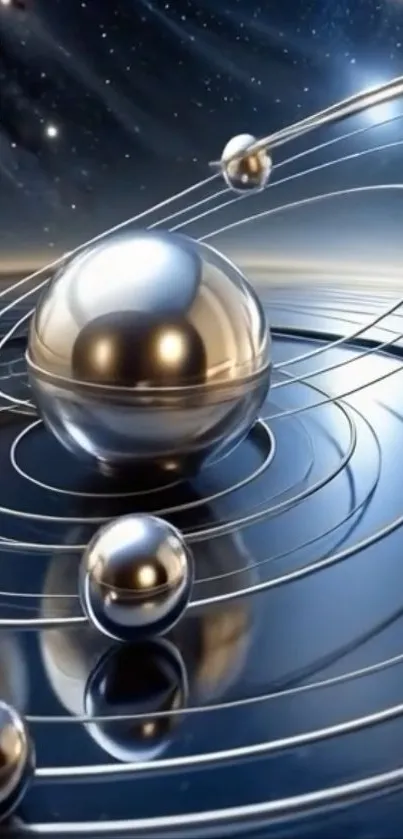Futuristic metallic orbs with cosmic background wallpaper.
