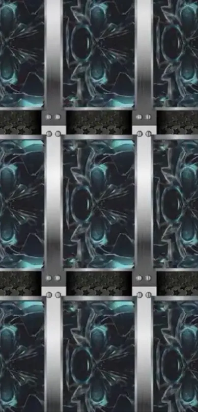 Futuristic metallic pattern wallpaper with teal and gray tones.