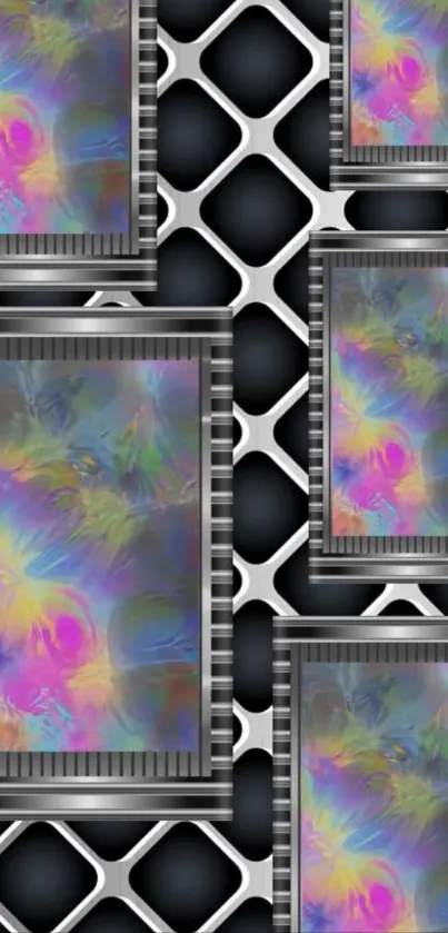 Futuristic metallic phone wallpaper with vibrant colors and digital design.