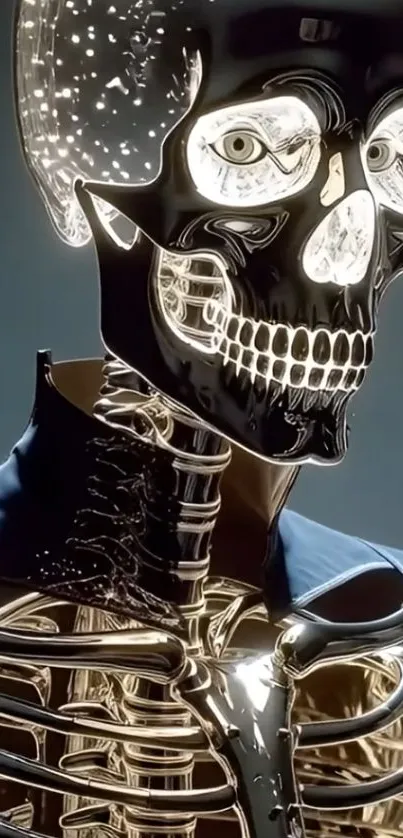 Futuristic metallic skull illustration in dark tones.