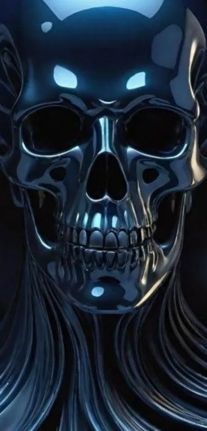 Futuristic metallic skull with intricate design on a dark background.