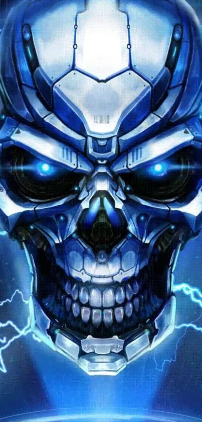 Blue futuristic metallic skull wallpaper with electric lines.