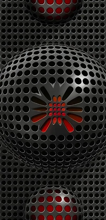 Futuristic metallic sphere with glowing red accents in an abstract design.