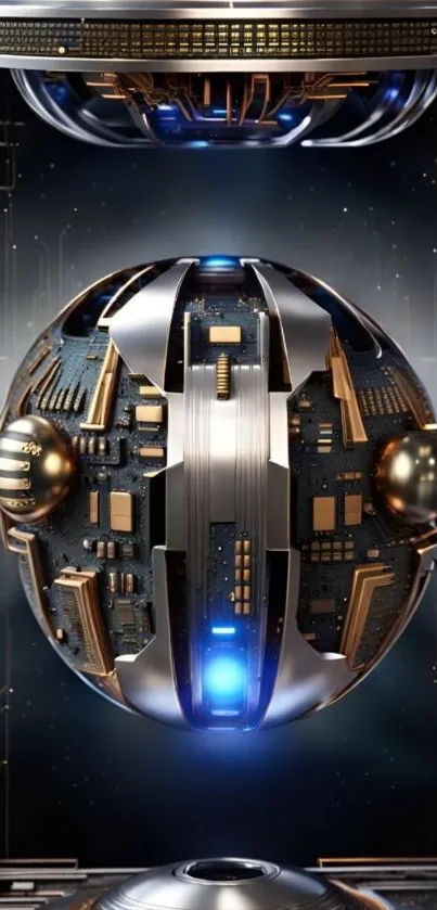 Futuristic metallic sphere with sci-fi design.