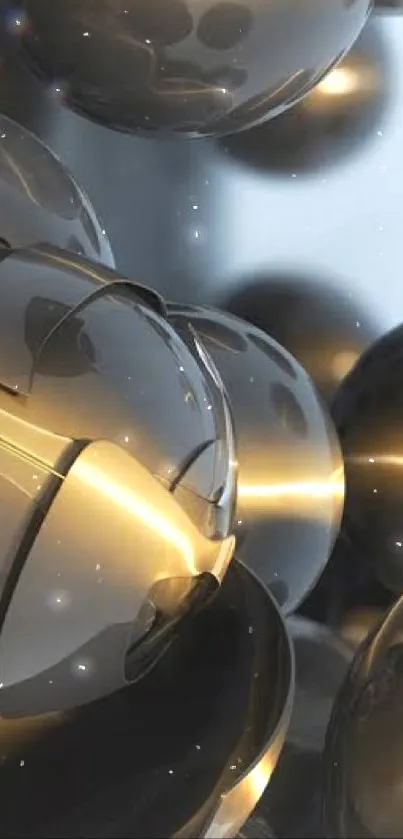 Futuristic metallic spheres with glowing light streaks in 3D design.