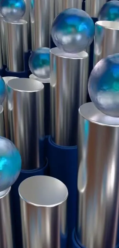 Futuristic wallpaper with silver cylinders and blue spheres.