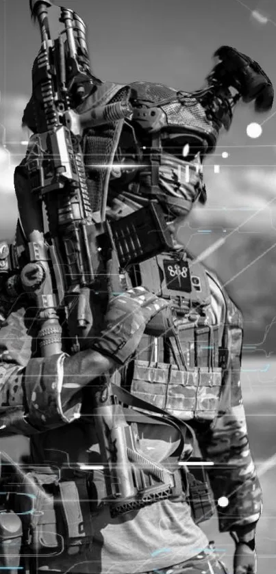 Soldier in advanced armor with digital overlay in grayscale.