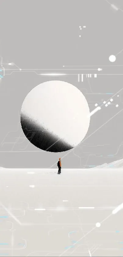 Minimalist wallpaper with lone figure and geometric circle on a gray background.