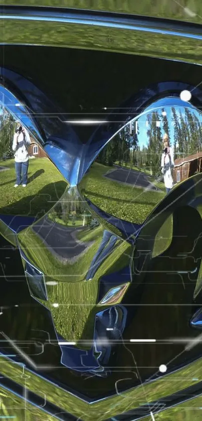 Futuristic mirror reflection with greenery and metallic design.