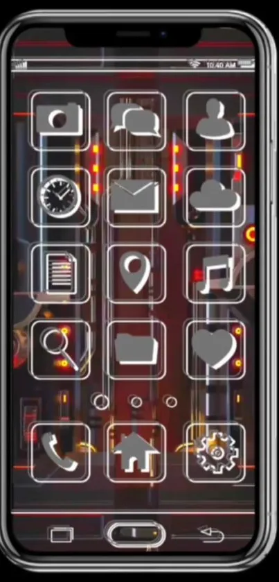 Futuristic app interface wallpaper on a smartphone screen.