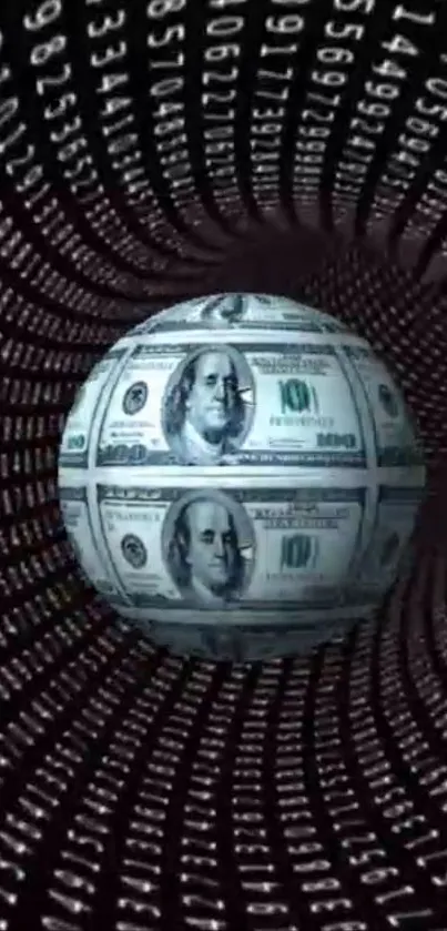 Futuristic digital money sphere in a tunnel with binary code backdrop.