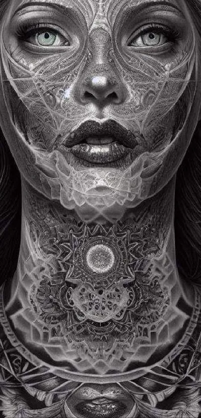 Monochrome futuristic art wallpaper with intricate face design.