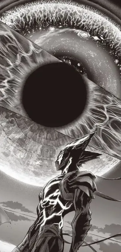 Futuristic character in a cosmic monochrome art setting with a giant eye backdrop.