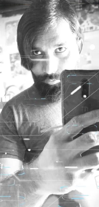 Monochrome selfie with digital, futuristic effects and abstract artistry.