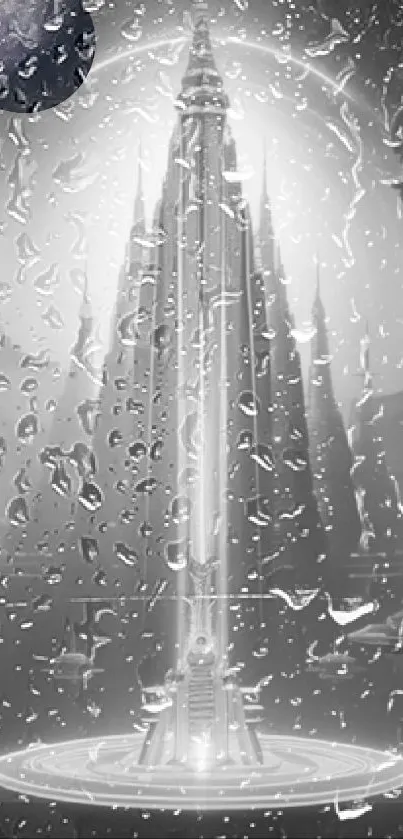 Futuristic monochrome tower with raindrops and cosmic background.