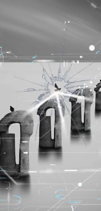 Futuristic stone statues with digital accents in grayscale wallpaper.