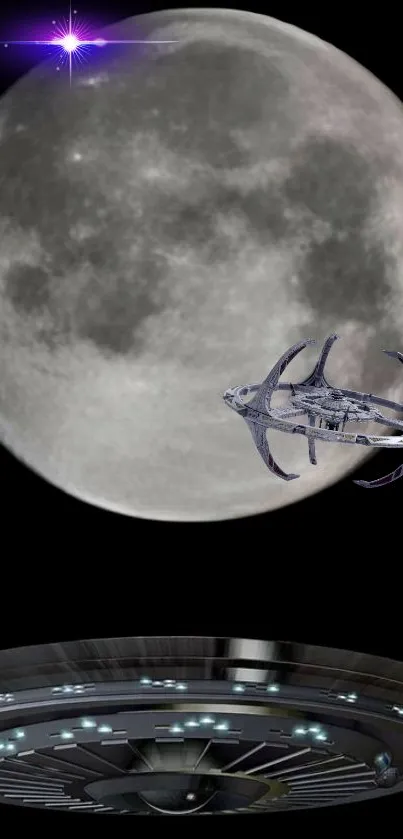 Futuristic spacecraft flying near the moon with a cosmic background.