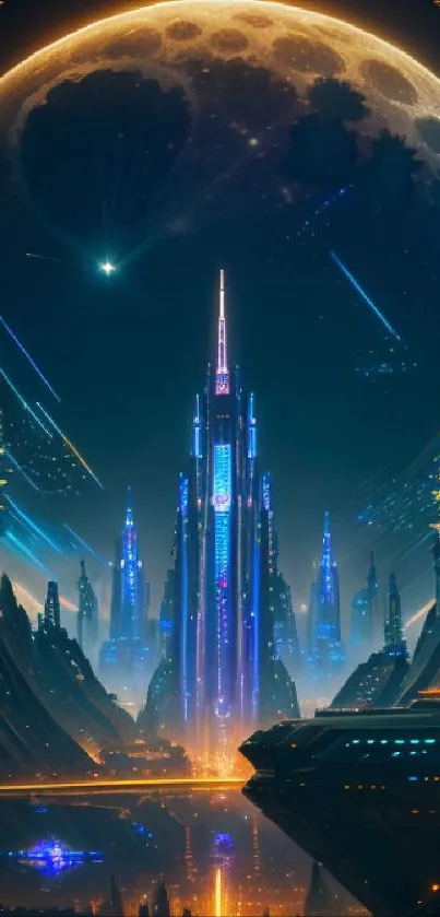 Futuristic cityscape with neon lights under a large moon.