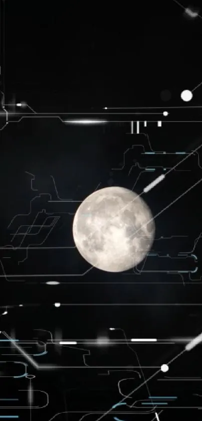 A photorealistic moon with futuristic digital elements on a black background.