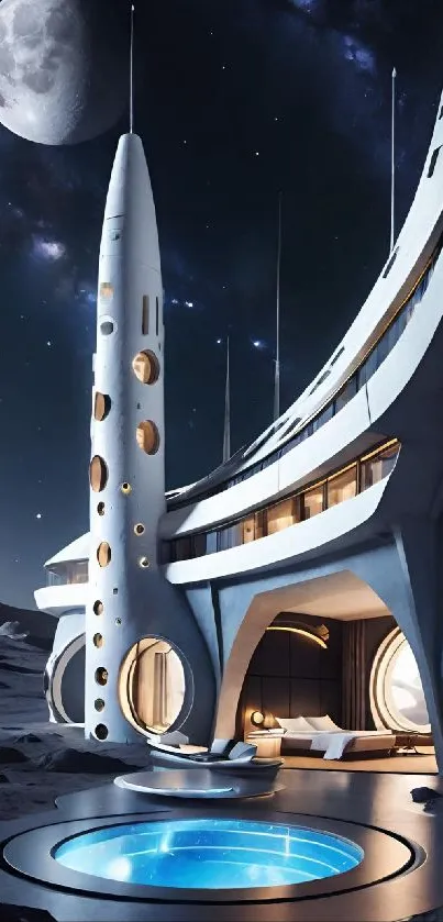 Futuristic moon base under a starry night sky with modern design.
