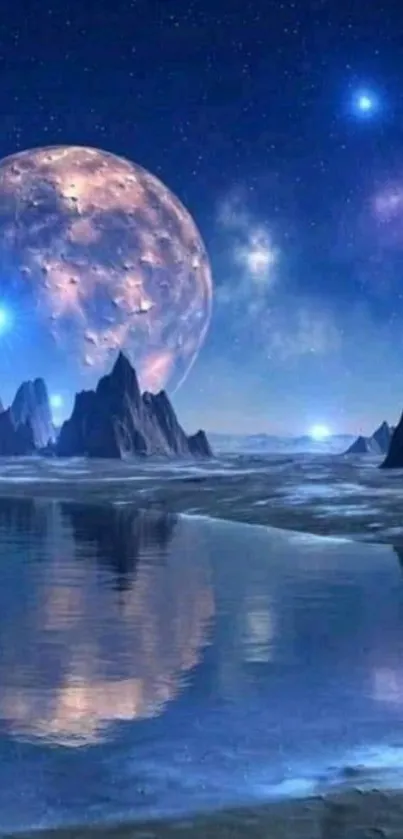 Futuristic landscape with a moon and reflection.