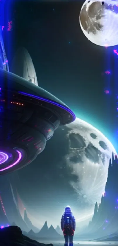 Lone astronaut in futuristic moonlit landscape with distant celestial spheres.