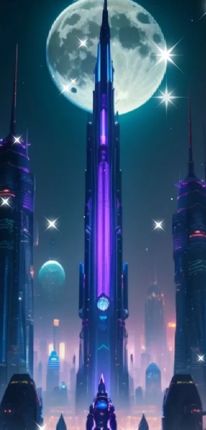 Futuristic city skyline under a moonlit sky with neon skyscrapers.