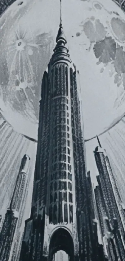 Futuristic skyscraper under a large moon in grayscale art.