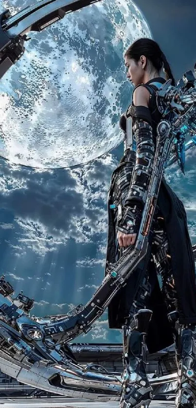 Cyber-enhanced warrior under a moonlit sky.