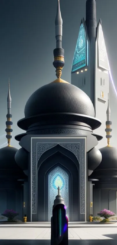 Futuristic mosque with sleek, modern design in a mobile wallpaper.