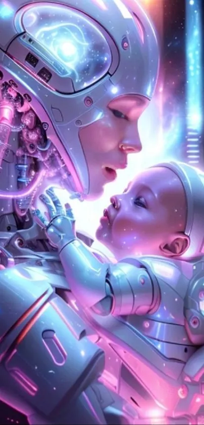 Futuristic robotic mother holds baby with neon colors.