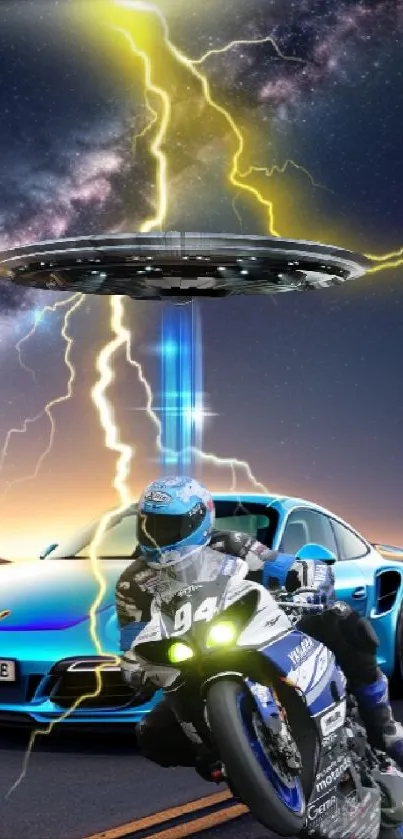 Futuristic motorbike, sports car, and UFO under a starry sky.