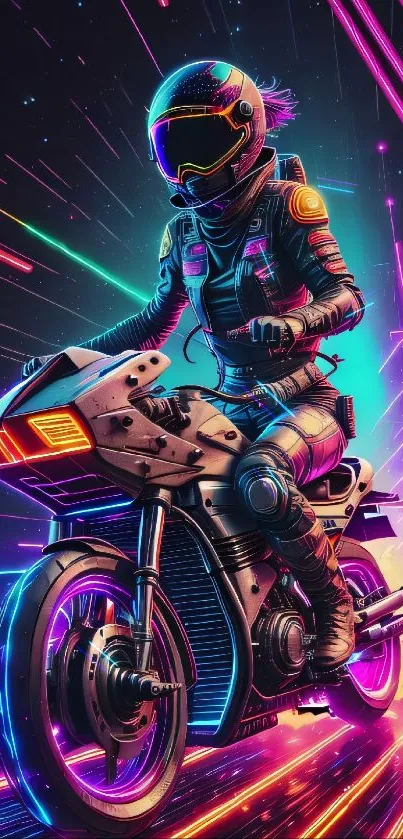 Futuristic motorcyclist in neon lights on a cyberpunk-themed wallpaper.