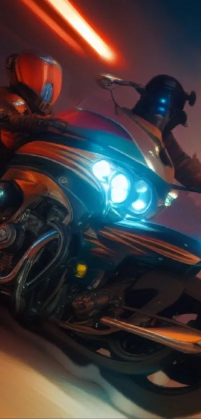 Futuristic motorcycle with neon lights in dynamic wallpaper scene.