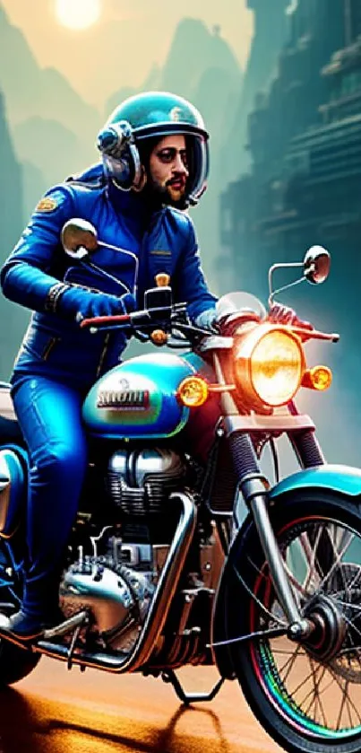 Futuristic motorcycle ride through vibrant urban cityscape.