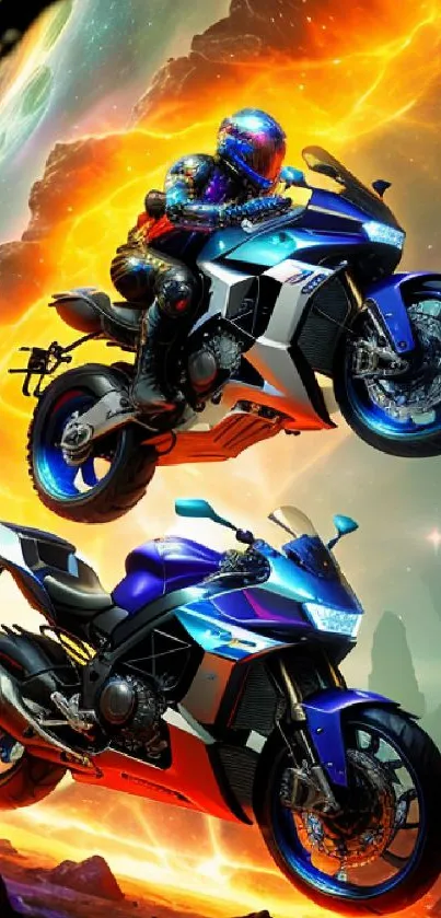 Futuristic motorcycles in a cosmic scene with vibrant colors and thrilling motion.
